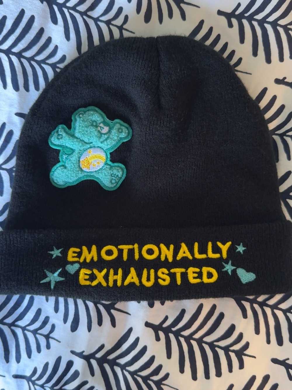Black Beanie with 'Emotionally Exhausted' Yellow Embroidery